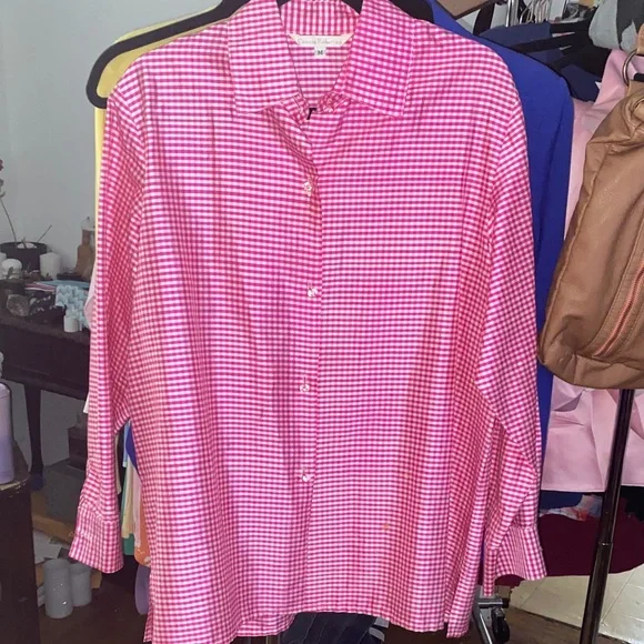Pink Gingham Shirt 100% Silk with Jelly Bean Laser Etched Flower buttons - Picture 2 of 6